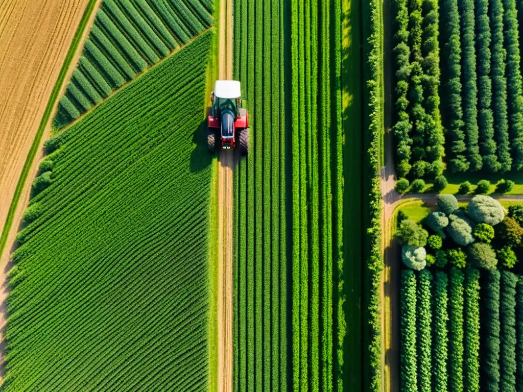 Vista aérea de una granja sostenible con cultivos ordenados y tractor moderno, demostrando la belleza de la agricultura sostenible