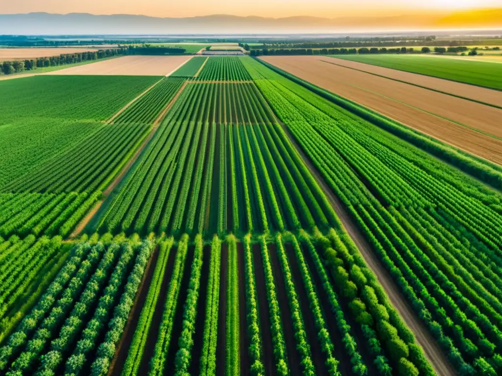 'Vista aérea de una granja verde y exuberante con cultivos, tecnología agrícola avanzada y maquinaria