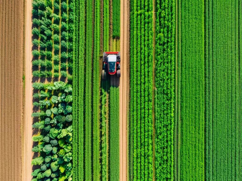 Vista aérea de una granja verde con filas de cultivos y un tractor moderno con software de código abierto