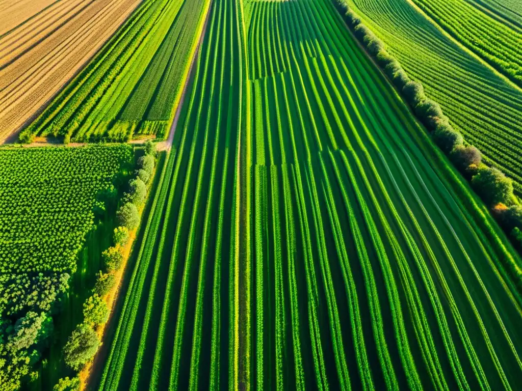 Vista aérea impactante de campos agrícolas verdes con cultivos vibrantes, destacando la organización y precisión