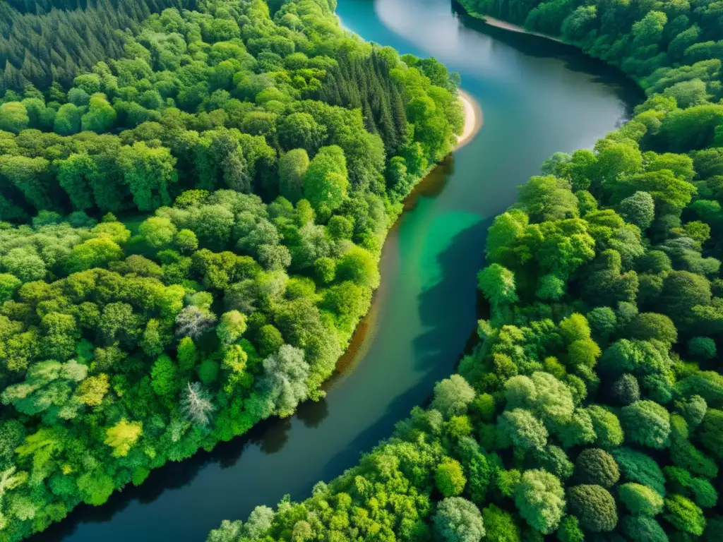 Vista aérea impresionante de un exuberante bosque verde con un río serpenteante