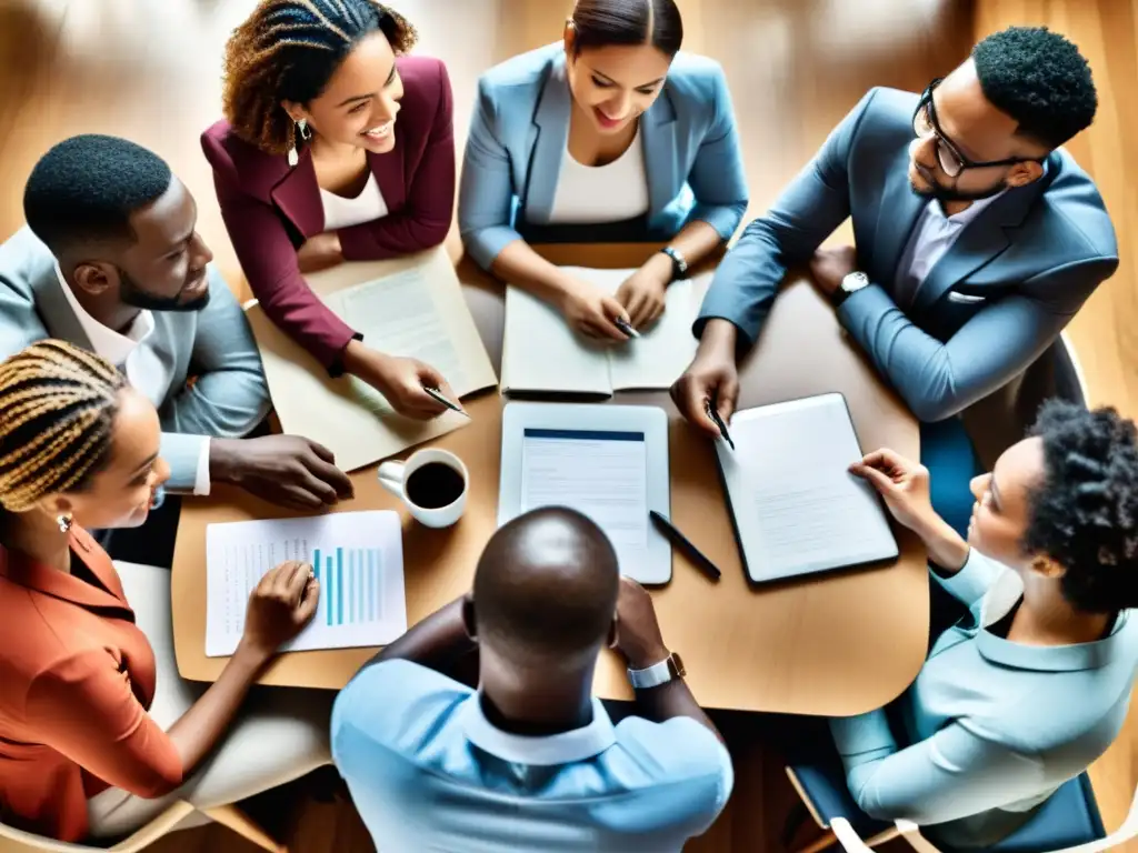 Vista aérea de una mesa de reunión donde personas diversas colaboran activamente en un entorno profesional y moderno