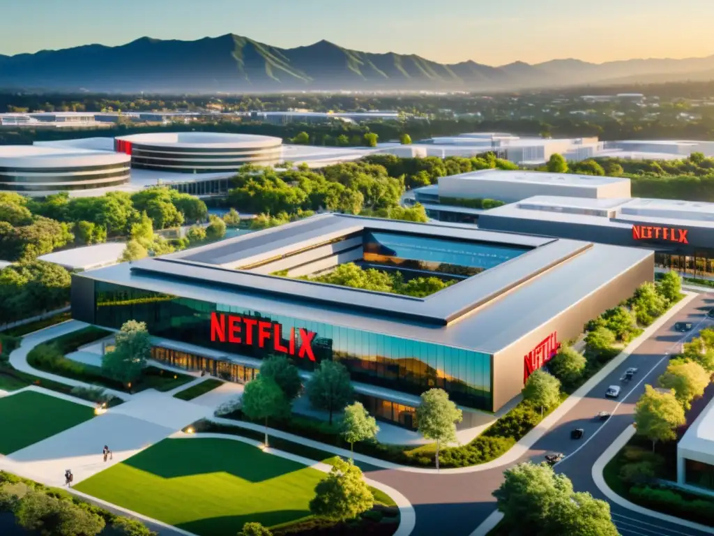 Vista aérea moderna y vibrante de la sede de Netflix, reflejando innovación y colaboración