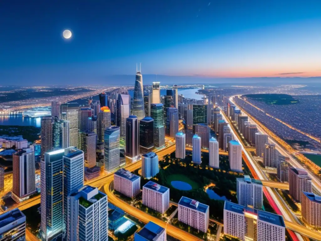 Vista aérea nocturna de una ciudad vibrante con rascacielos iluminados y redes de carreteras