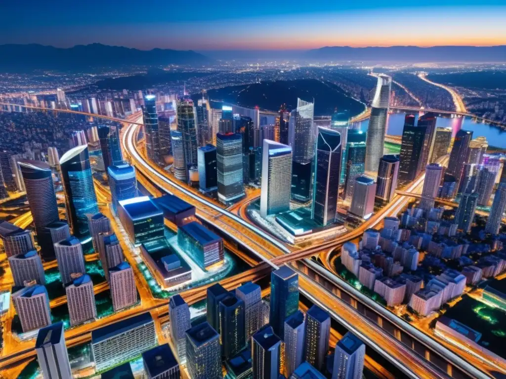 Vista aérea nocturna de una ciudad moderna con rascacielos iluminados, carreteras concurridas y una infraestructura brillante, destacando la importancia de la infraestructura crítica