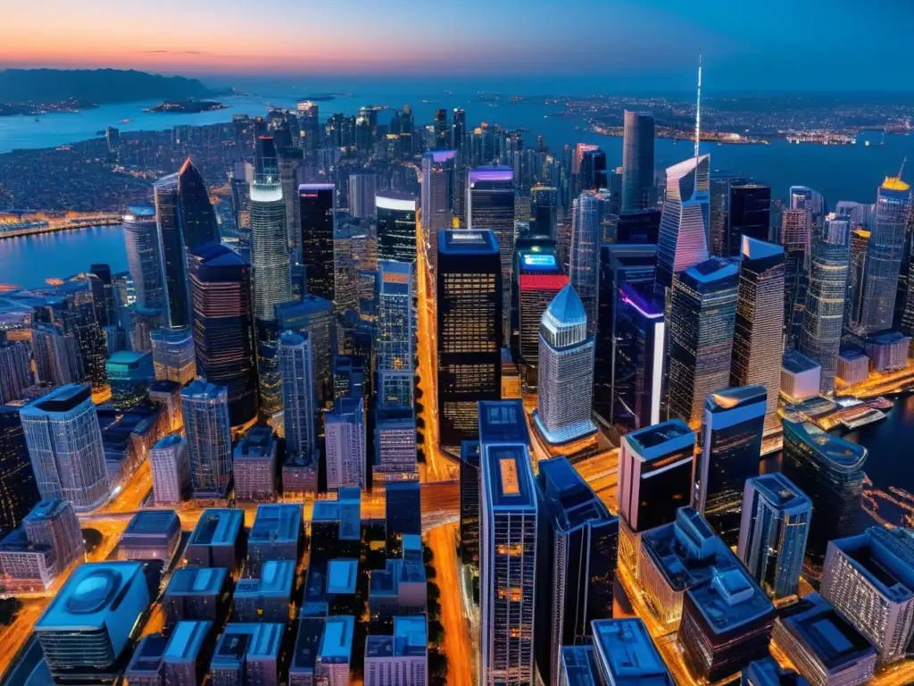 Vista aérea nocturna de una ciudad vibrante, con rascacielos iluminados y calles bulliciosas