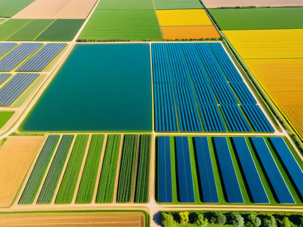 Vista aérea de granja agrícola sostenible, con cultivos, sistemas de riego avanzados y paneles solares