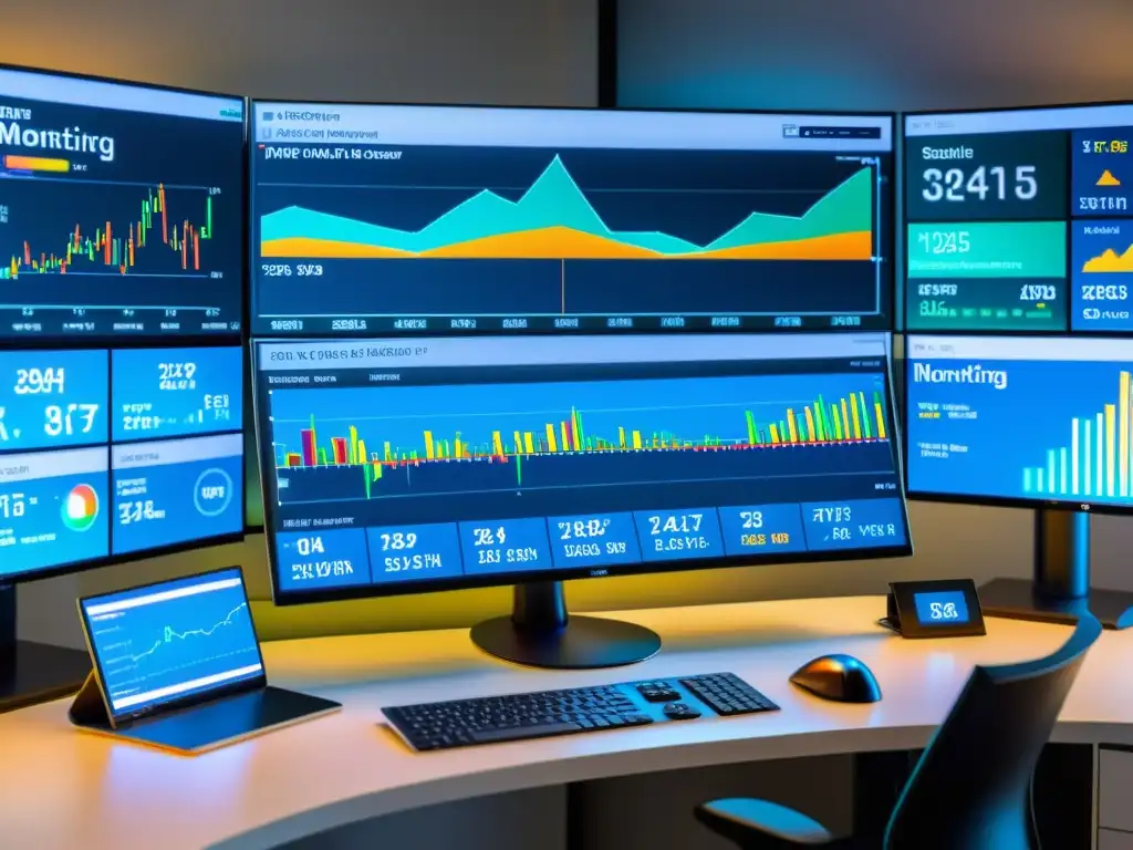 Vista de cerca en alta resolución de monitor de computadora mostrando datos de monitoreo de red en tiempo real con gráficos y estadísticas coloridas