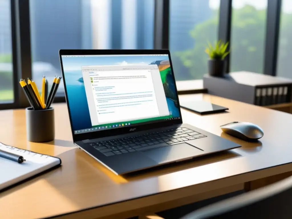Una vista cálida y profesional de un escritorio con la comparativa LibreOffice vs Apache OpenOffice, bañado en luz natural