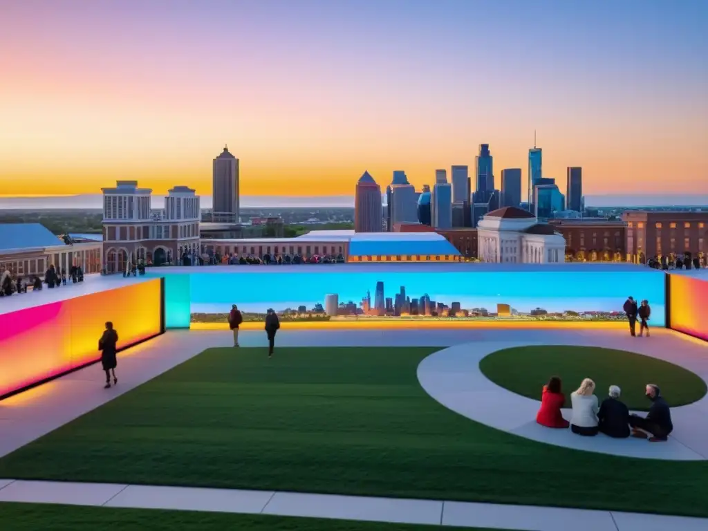 Vista de la ciudad al atardecer, con una instalación de arte público interactiva y diversa arquitectura