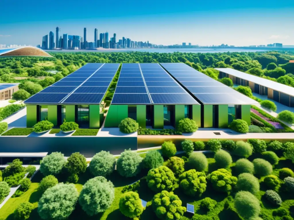 Vista de una ciudad sostenible con edificios ecológicos, jardines en azoteas, paneles solares y turbinas eólicas