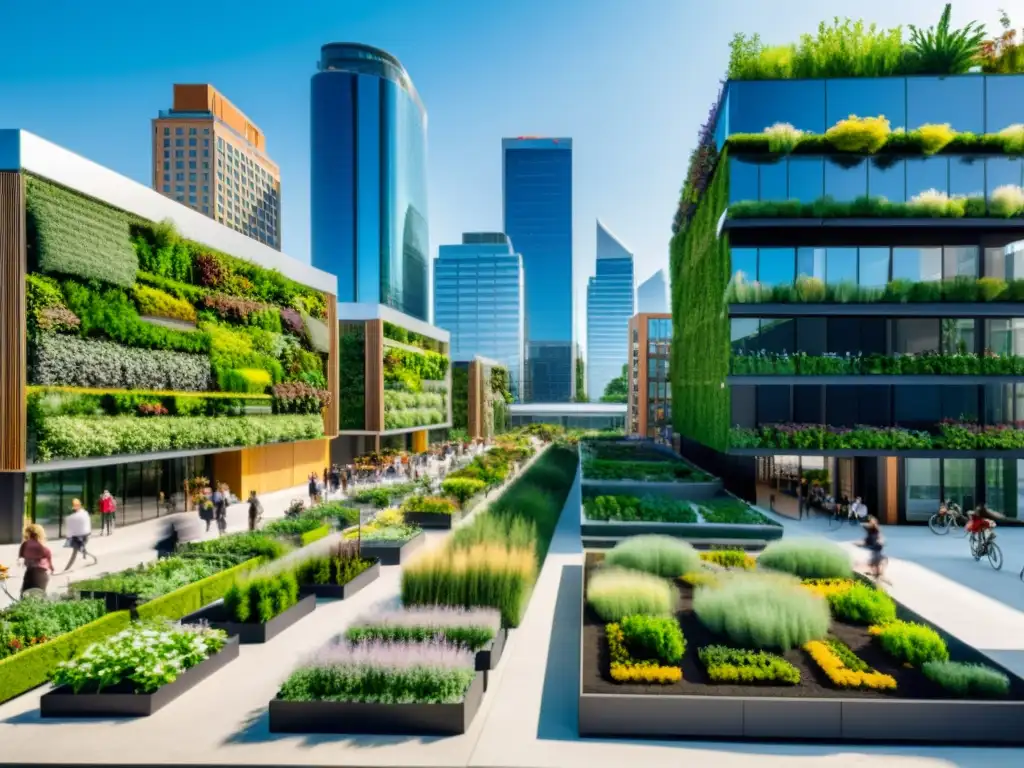 Vista de una ciudad sostenible con energía renovable, jardines verticales y personas utilizando transporte ecoamigable