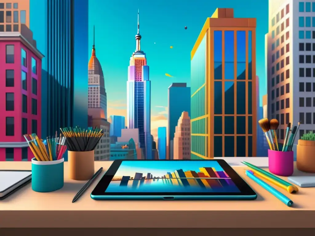 Vista de una ciudad vibrante creada con Krita, resaltando el potencial para ilustradores digitales con software de código abierto