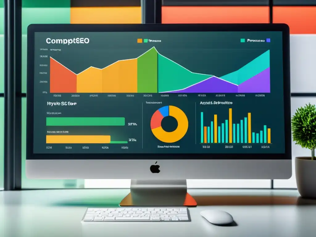 Vista detallada del análisis de competencia SEO con gráficos, análisis de palabras clave y colores vibrantes en pantalla dividida