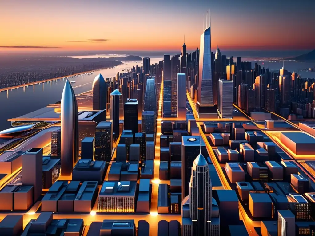 Vista detallada en 3D de una ciudad futurista al atardecer, modelada con software de código abierto para modelado 3D