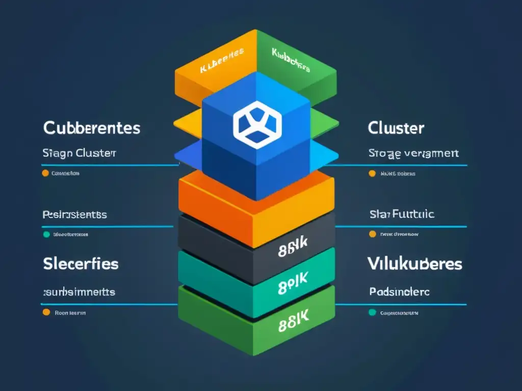 Vista detallada de un clúster Kubernetes con contenedores interconectados y capacidad de almacenamiento