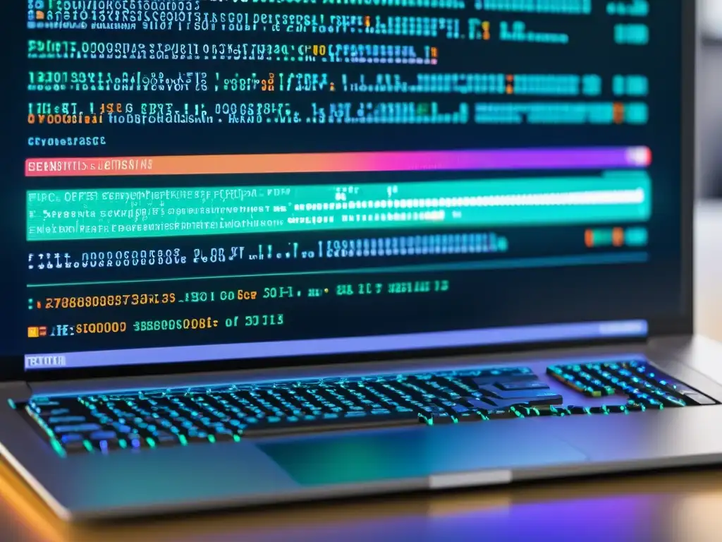Una vista detallada de código de criptografía open source, rodeado de un espacio de trabajo moderno