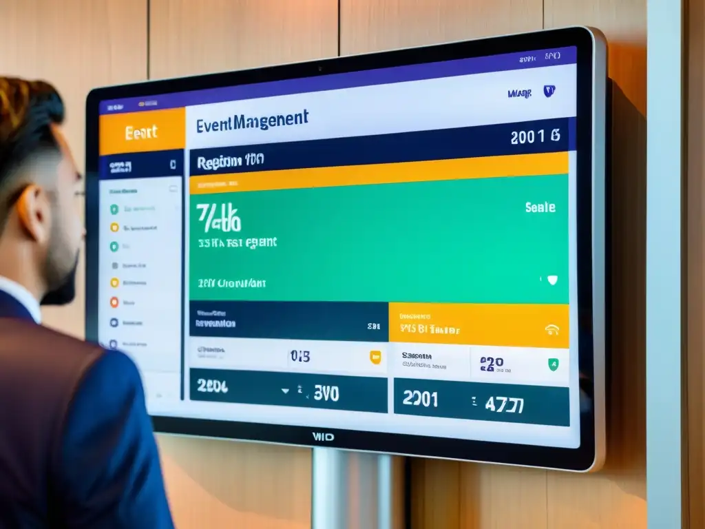 Vista detallada de un elegante panel de gestión de eventos con software abierto en una pantalla táctil, con gráficos vibrantes y funcionalidades interactivas para una organización eficiente