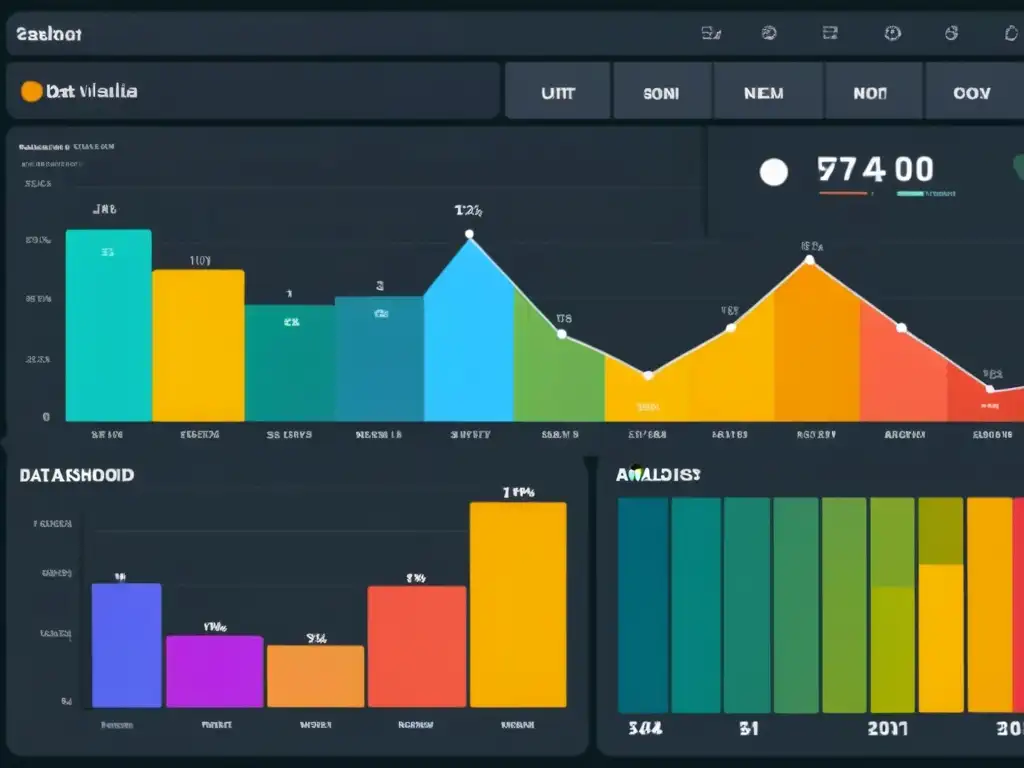 Vista detallada de un elegante panel de visualización de datos con herramientas open source análisis de sentimientos, gráficos y colores vibrantes