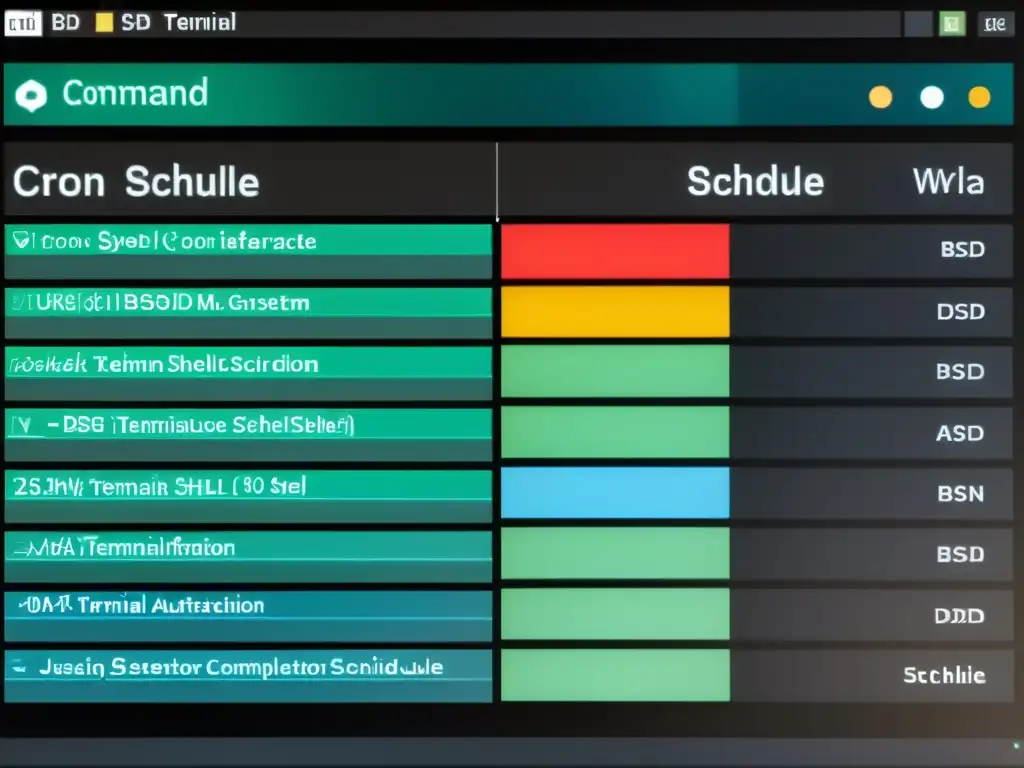 Vista detallada de la interfaz de línea de comandos en un sistema BSD moderno, mostrando la sofisticación de la automatización con cron en BSD