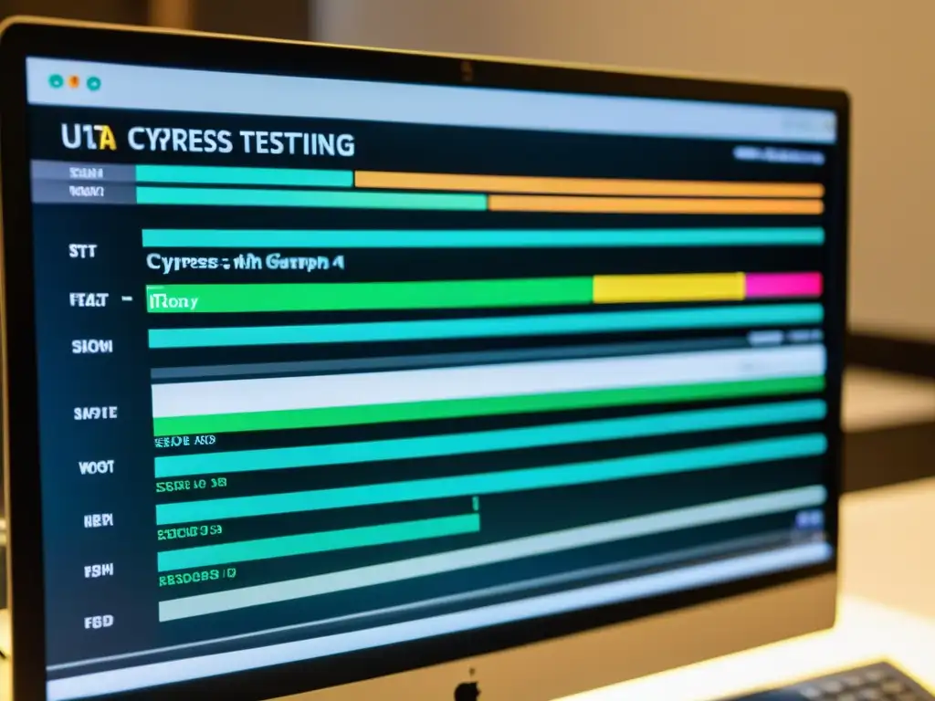 Una vista detallada de la interfaz de prueba de Cypress, destacando el código, elementos visuales y tipografía