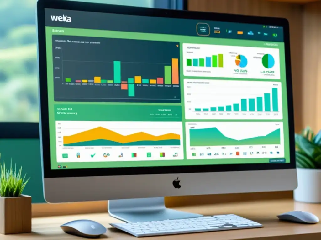 Una vista detallada de la interfaz del software de minería de datos Weka, con visualizaciones de datos coloridas y detalladas, gráficos e iconos vibrantes