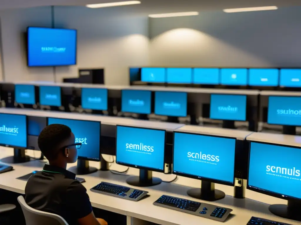 Vista detallada de un laboratorio informático escolar con estudiantes y ordenadores modernos con interfaces de ClamAV