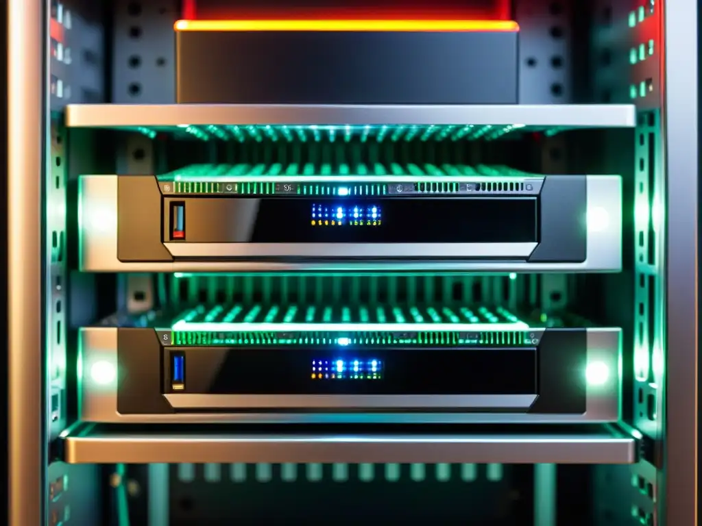 Vista detallada del moderno dispositivo de seguridad pfSense en un rack de servidor, con luces LED brillantes y circuitos intrincados