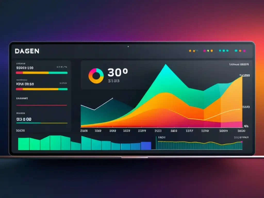 Vista detallada en 8k de un moderno panel de visualización de datos, generando reportes con herramientas open source en tiempo real