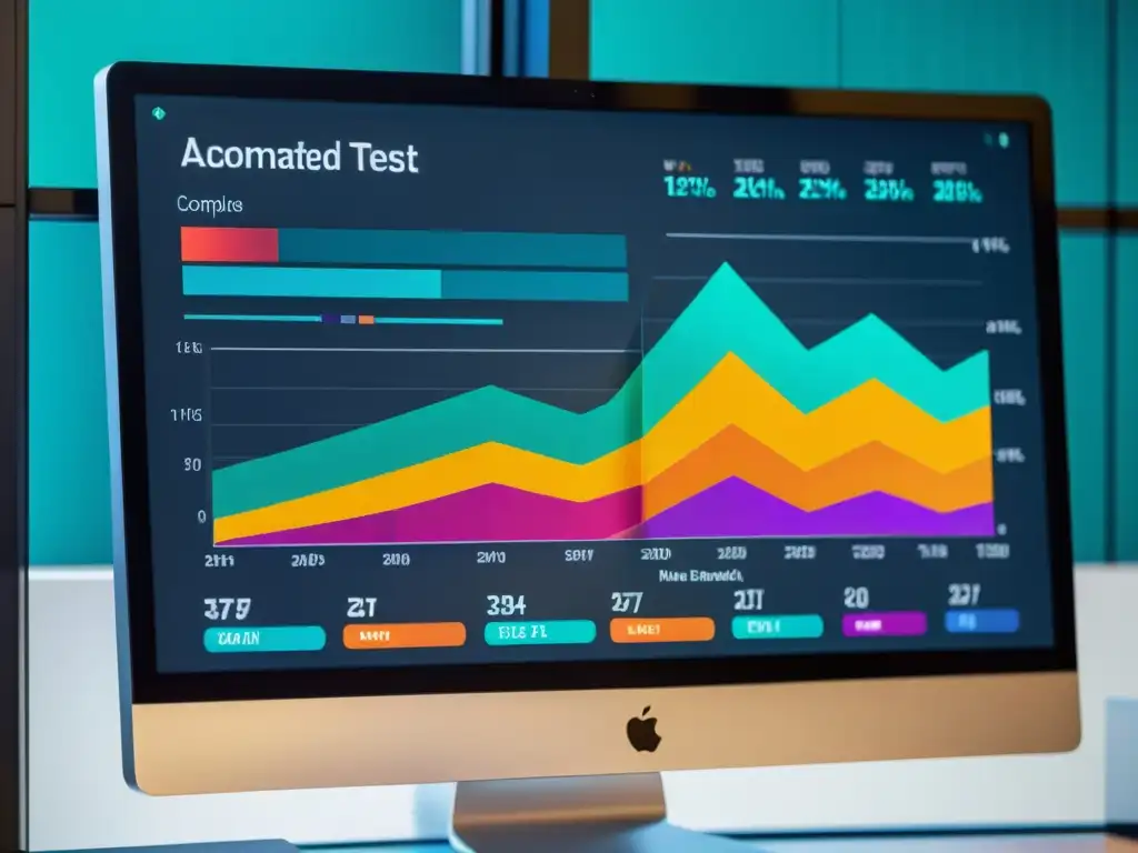 Vista detallada de un monitor con gráfico colorido y complejo, mostrando resultados de pruebas automatizadas