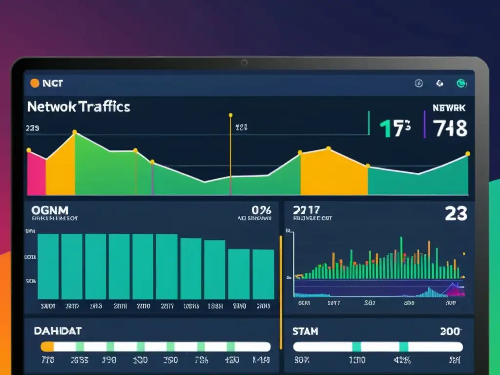 Vista detallada de un panel de análisis de tráfico de red, con gráficos coloridos que ilustran métricas de rendimiento de la red