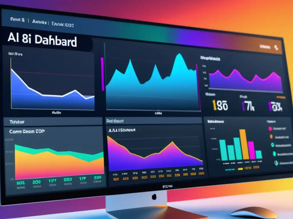 Vista detallada 8k de panel control IA con métricas desempeño modelos IA código abierto, gráficos coloridos y ambiente profesional futurista