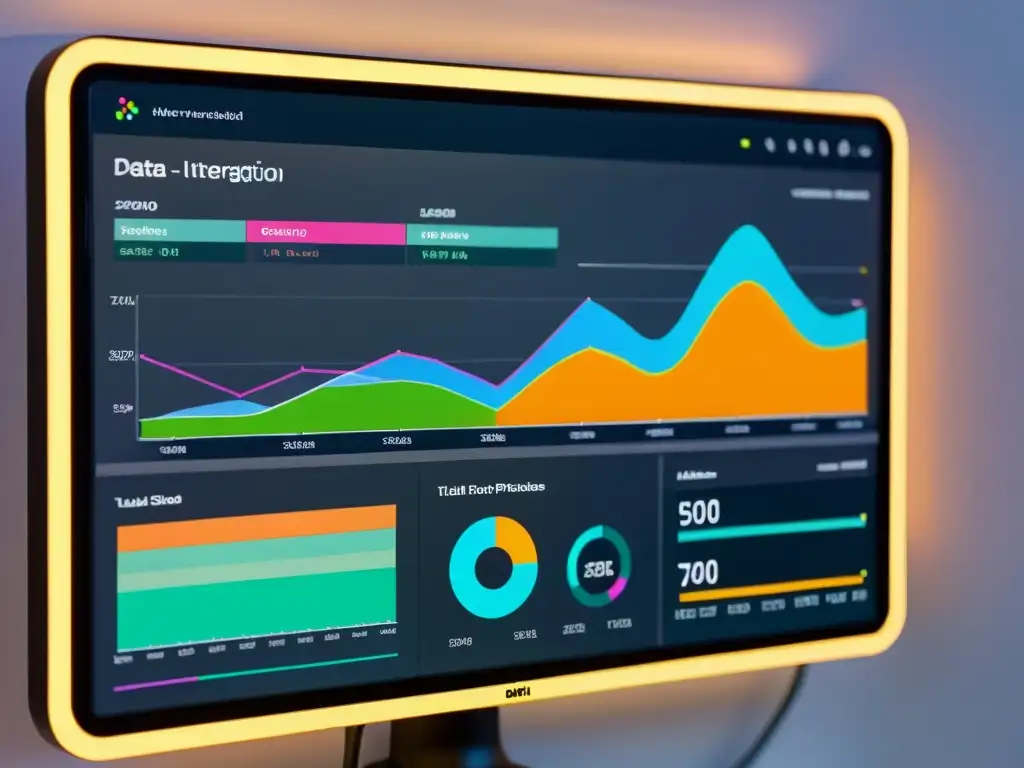 Vista detallada de un panel de integración de datos futurista con Talend Open Studio, mostrando el flujo de datos ETL