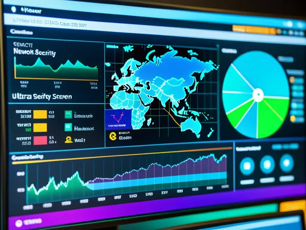 Vista detallada de un panel de seguridad de red con gráficos e intrincadas visualizaciones de datos en tiempo real