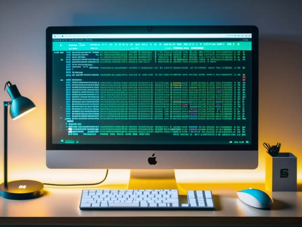 Vista detallada de pantalla con código abierto y accesorios tecnológicos, creando atmósfera profesional y moderna de contenido SEO