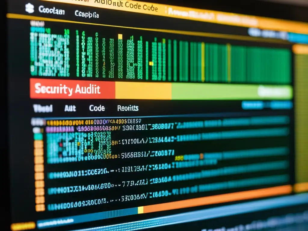 Vista detallada de pantalla con código en lenguaje de programación abierto, herramientas de auditoría y gráficos detallados