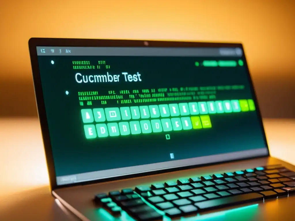 Vista detallada de pantalla de computadora con código Cucumber en un entorno de desarrollo moderno