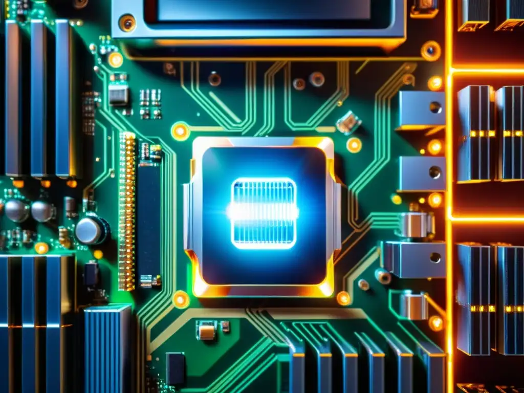 Vista detallada de una placa base de computadora con circuitos e iluminación LED, rodeada de ventiladores y disipadores de calor
