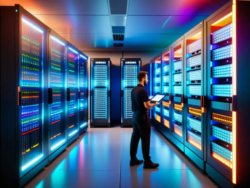 Sala de servidores de alta tecnología: orden, luces y mantenimiento Una vista detallada de una sala de servidores futurista con técnicos trabajando en mantenimiento