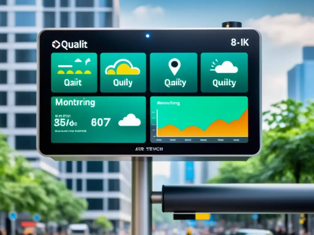 Vista detallada en 8k de un sistema de monitoreo de calidad del aire de alta tecnología en un entorno urbano