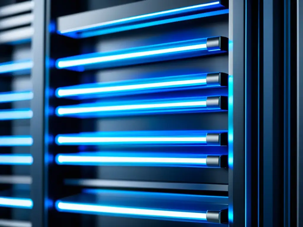 Una vista en detalle de un moderno rack de servidores con cables organizados y luces LED brillantes en un centro de datos de alta tecnología