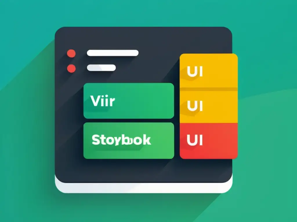 Vista dinámica del desarrollo componentes UI con Storybook, mostrando diseño minimalista y colores vibrantes en una interfaz moderna y profesional