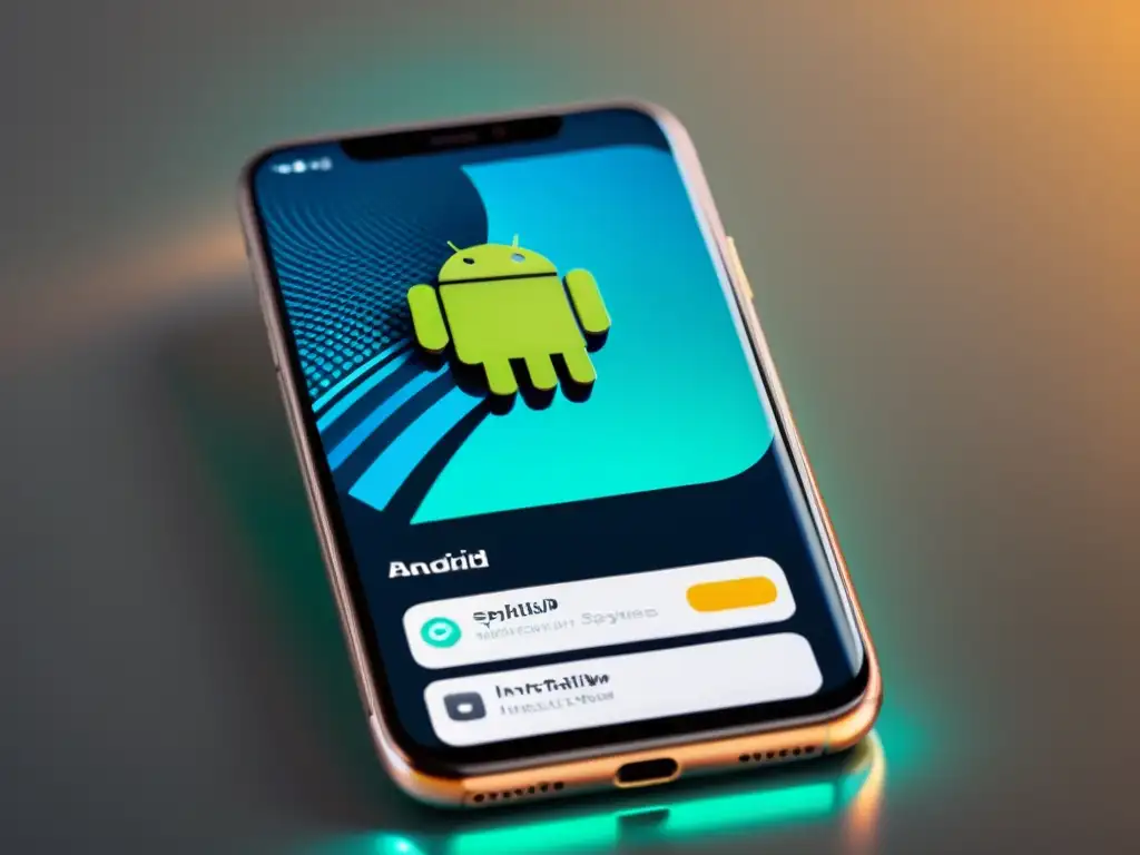Vista dividida de interfaz Android e iOS en smartphone, con diseño futurista