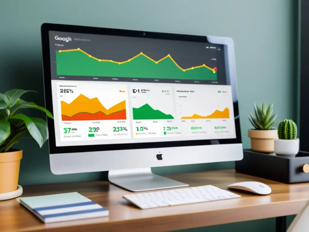 Vista de un elegante panel de control de ecommerce de Shopify con Google Analytics en tiempo real, con gráficos coloridos y cautivadores, en un espacio de trabajo minimalista y profesional