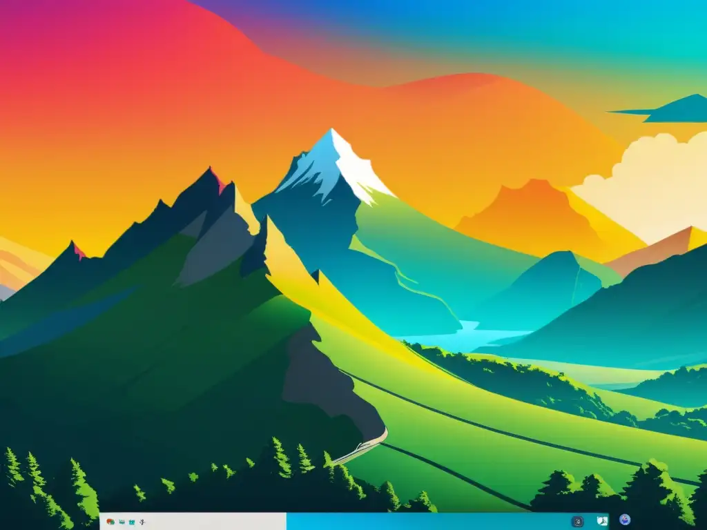 Vista de escritorio Linux minimalista con paisaje de montaña