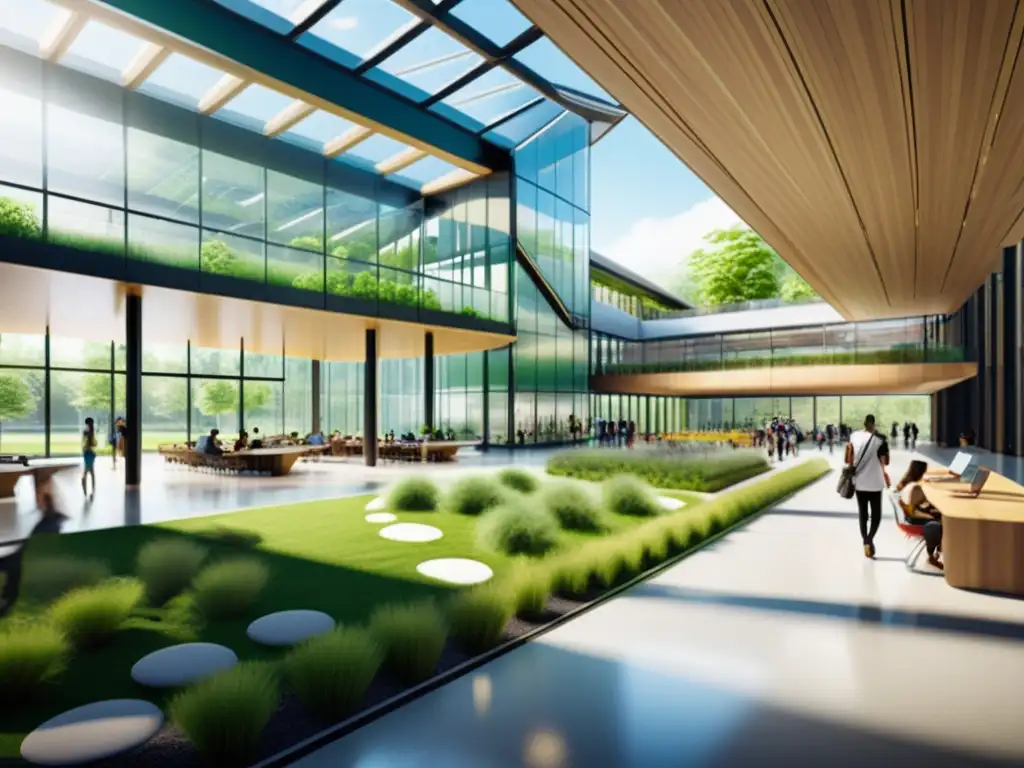 Campus universitario innovador de Open edX: modernidad y colaboración Vista futurista de un campus universitario con arquitectura moderna, espacios abiertos y tecnología integrada, reflejando el espíritu innovador de Open edX plataforma educativa código abierto