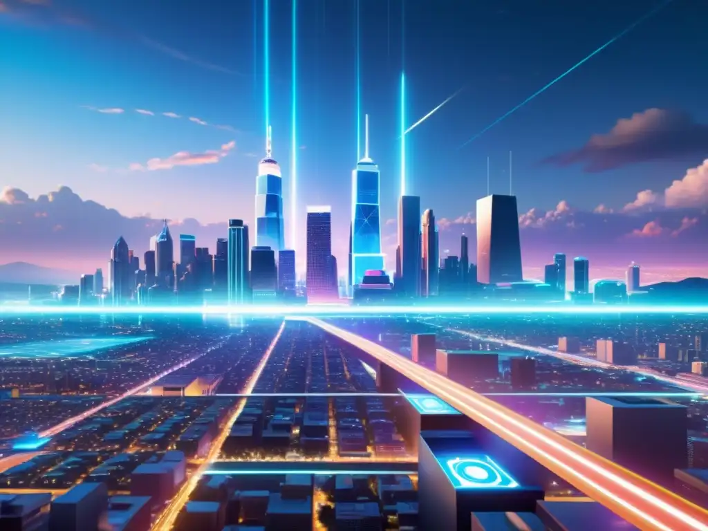 Metrópolis futurista: tecnología de código abierto en neón Vista futurista de la ciudad con código holográfico y tecnologías avanzadas, representando las diferencias entre software libre y open source