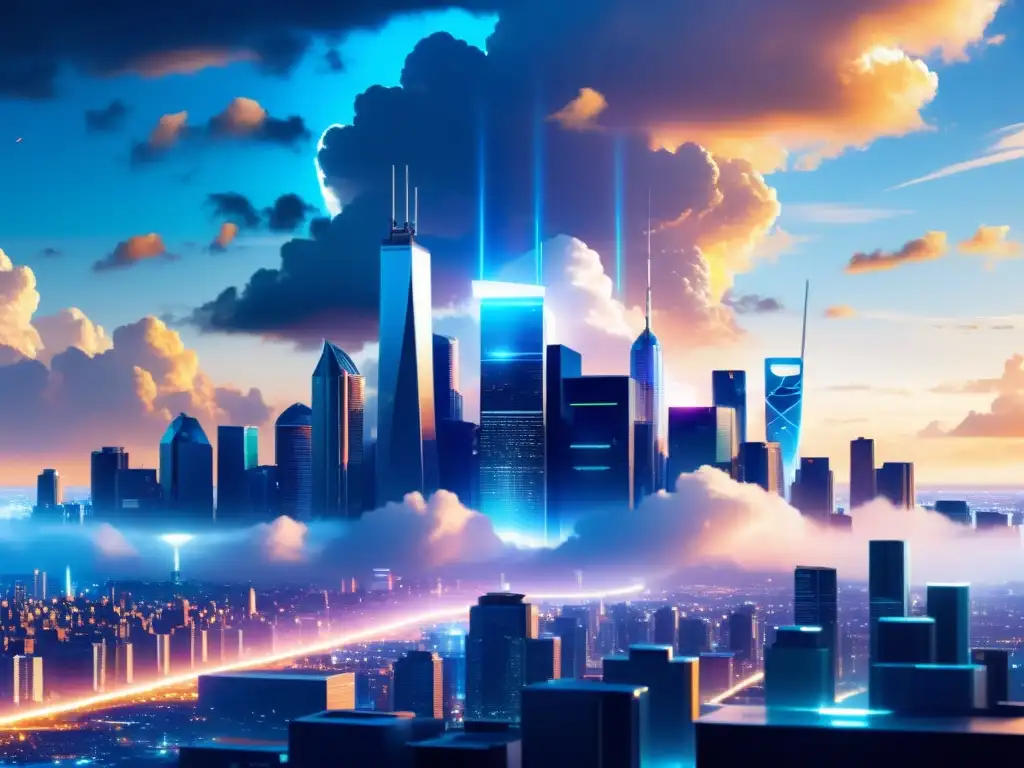 Vista futurista de la ciudad con cumplimiento de seguridad en la nube para Open Source