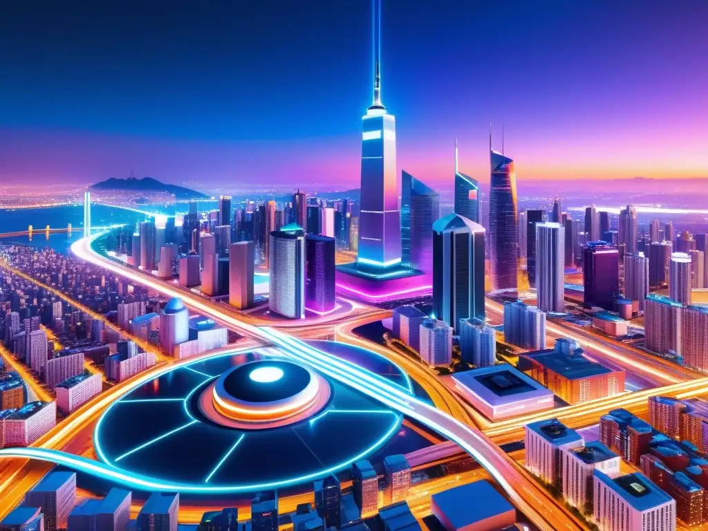 Futurismo urbano: Integración de IA en la ciudad 8k Vista futurista de la ciudad con edificios modernos y software de IA Open Source legal, iluminada por luces de neón