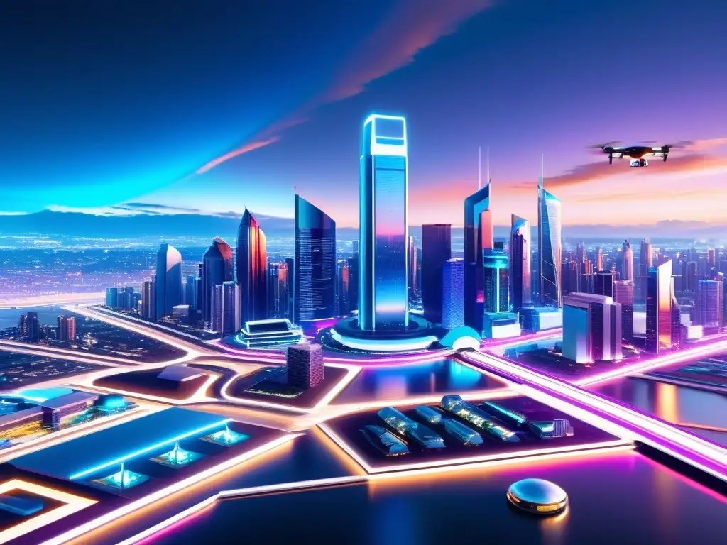 Vista futurista de una ciudad con edificios modernos, luces de neón y tecnología avanzada